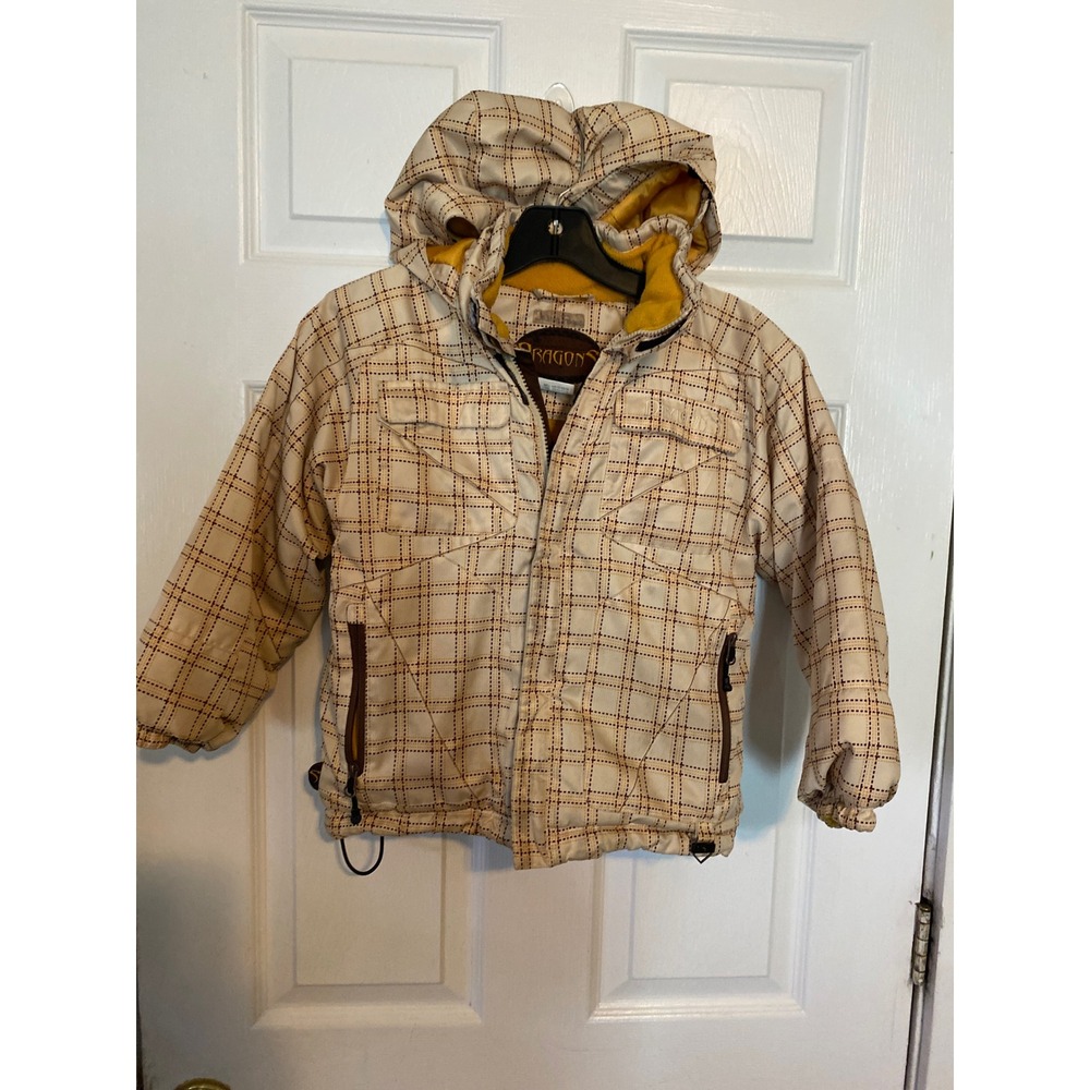 Snow Dragons Kids Ski Jacket Tan Brown Plaid Fleece Lined Hooded Winter Coat L/6